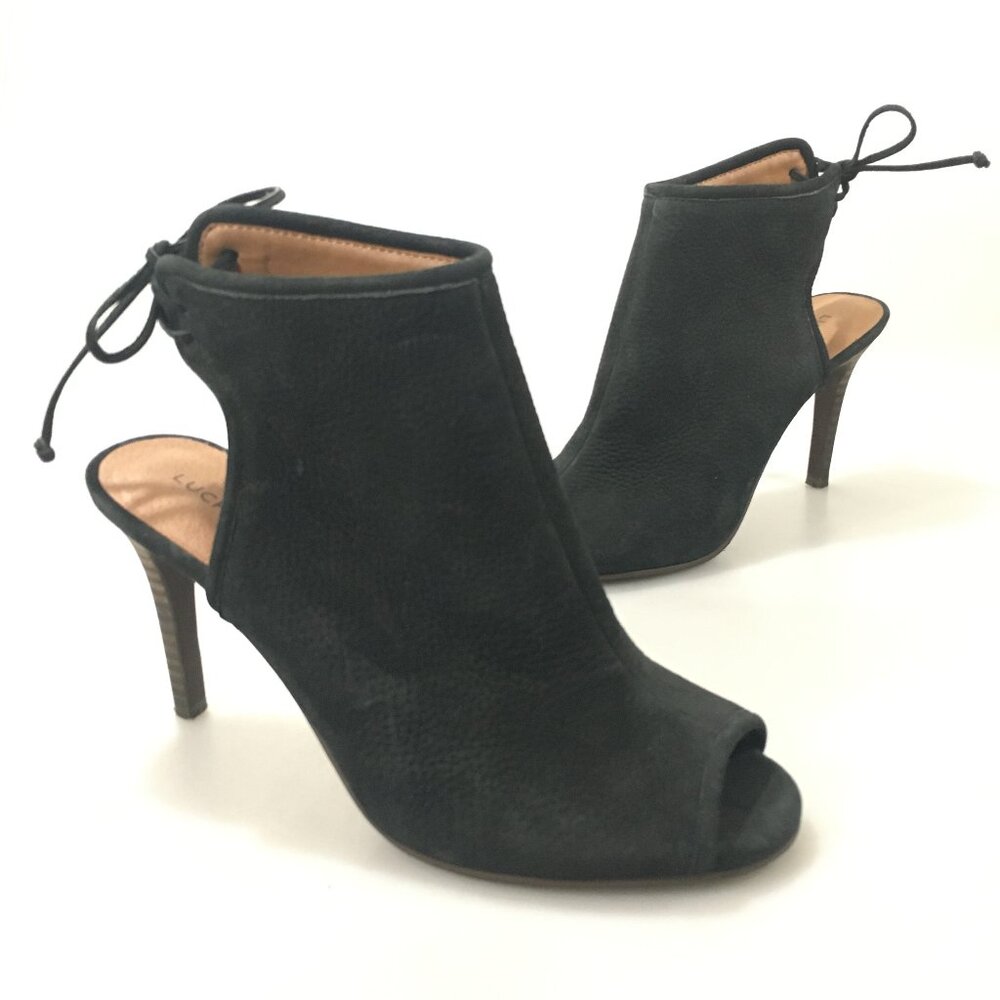 Lucky Brand 8.5 Saiff Black Leather 3.4" Heels Peep Toe Ankle Booties Open Heels